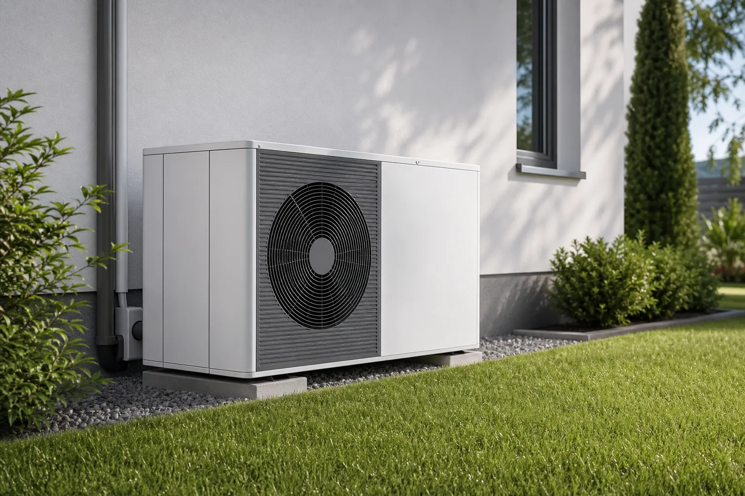 Moderne Wärmepumpe vor weißer Hauswand
