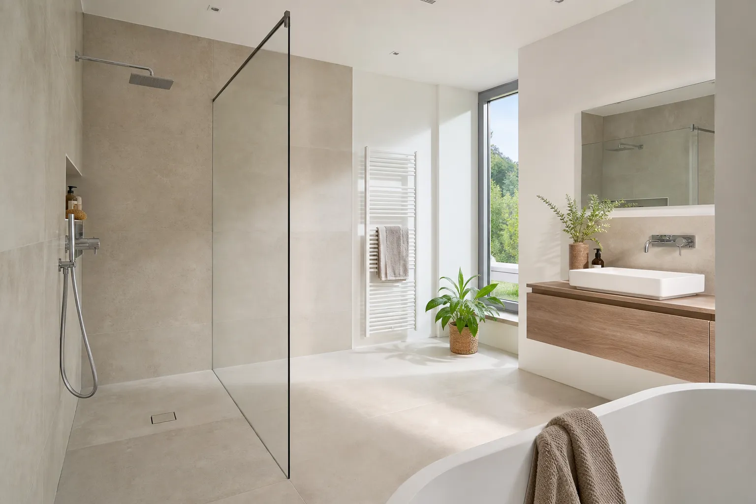 Helles modernes Bad mit bodengleicher Dusche und Naturstein
